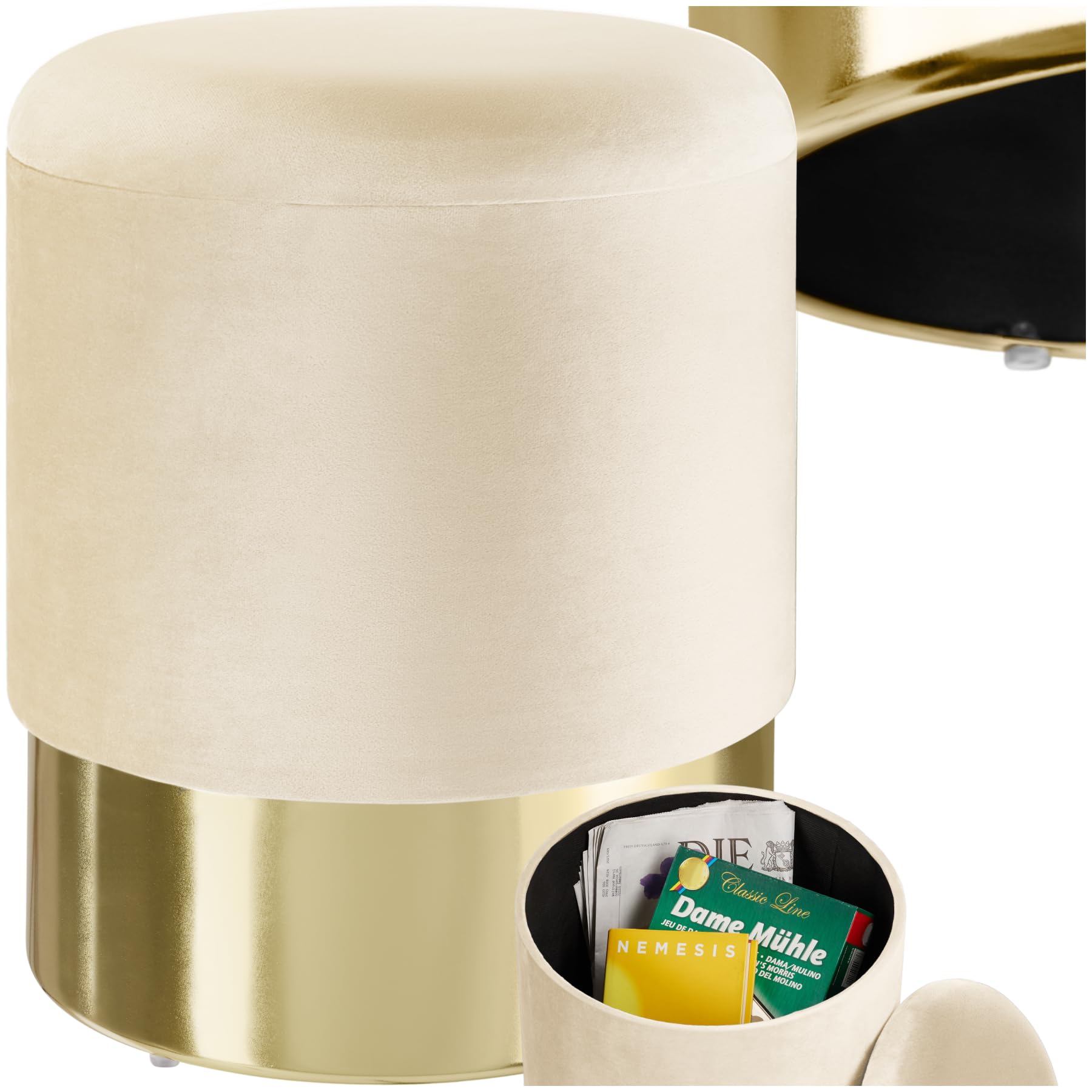 TecTake® Taburete Tocador con Almacenaje para Dormitorio, Ideal Puff Almacenaje o Silla Tocador Maquillaje, un Mueble Auxiliar Dormitorio Práctico y Elegante - 36 x 36 x 44,5 cm Crema