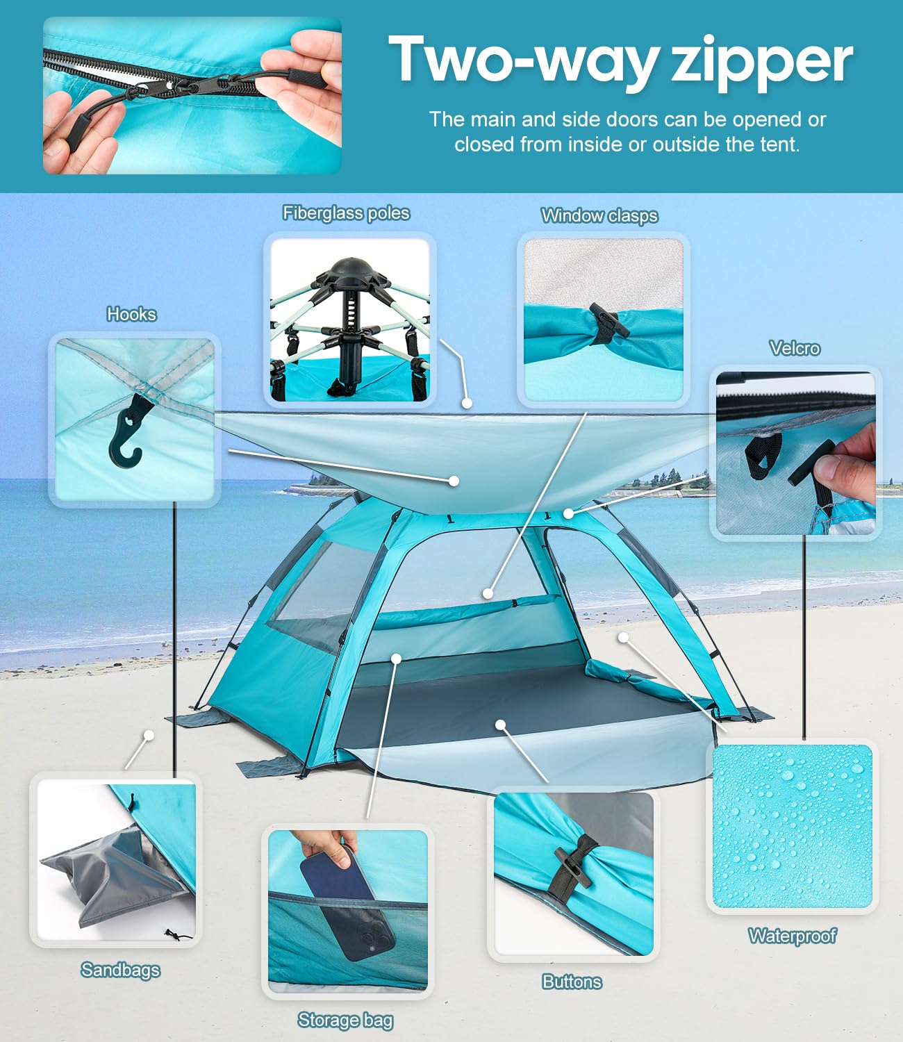 Dewur Strandmuschel 2-4 Personen Pop Up Strandzelt mit Sonnensegel UPF 50+ UV Sonnenschutz Wasserdicht für Familien Strand Camping Garten, Blau