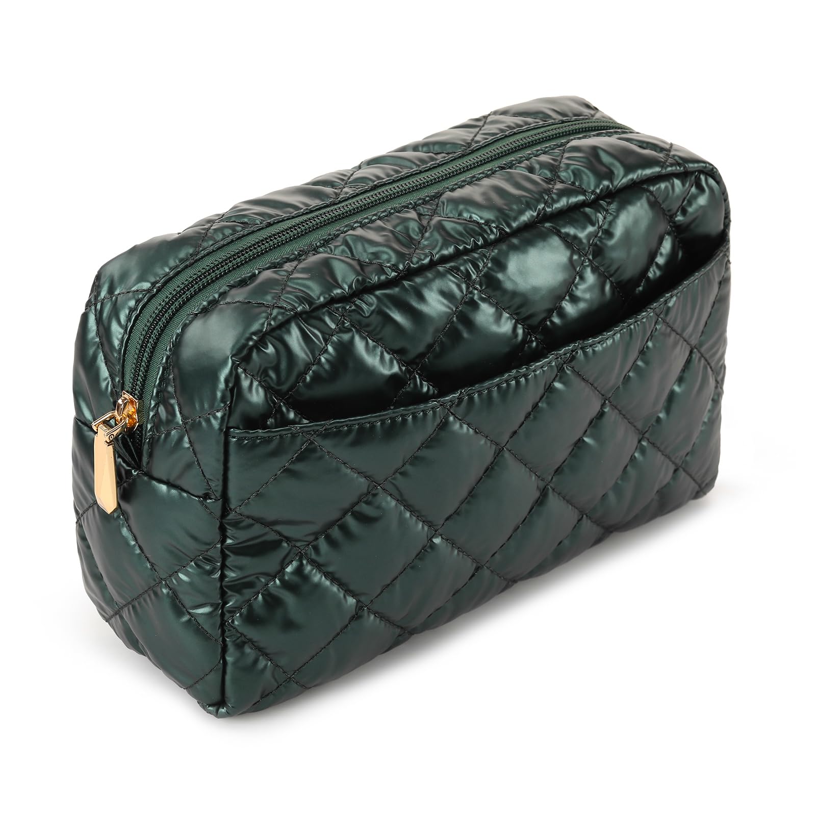 Lychii Neceser Maquillaje Acolchado Mujer, Bolsa Maquillaje, con Bolsillo Externo con Cremallera, para Guardar Cosméticos y Artículos de Tocador (Verde)