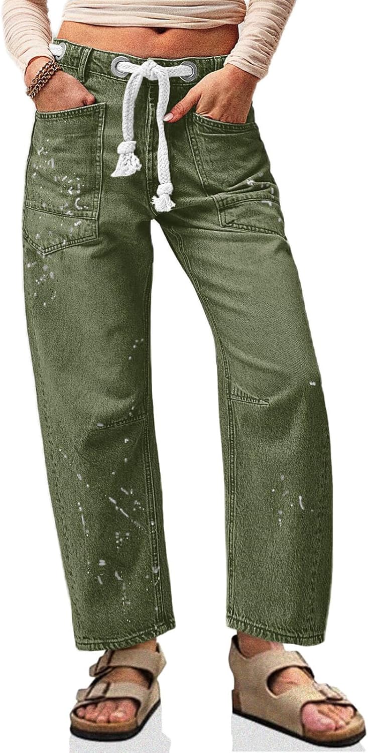 Cicy Bell Womens Baggy Barrel Horseshoe Jeans Wide Leg Drawstring Vintage Denim Pants with Front Pockets