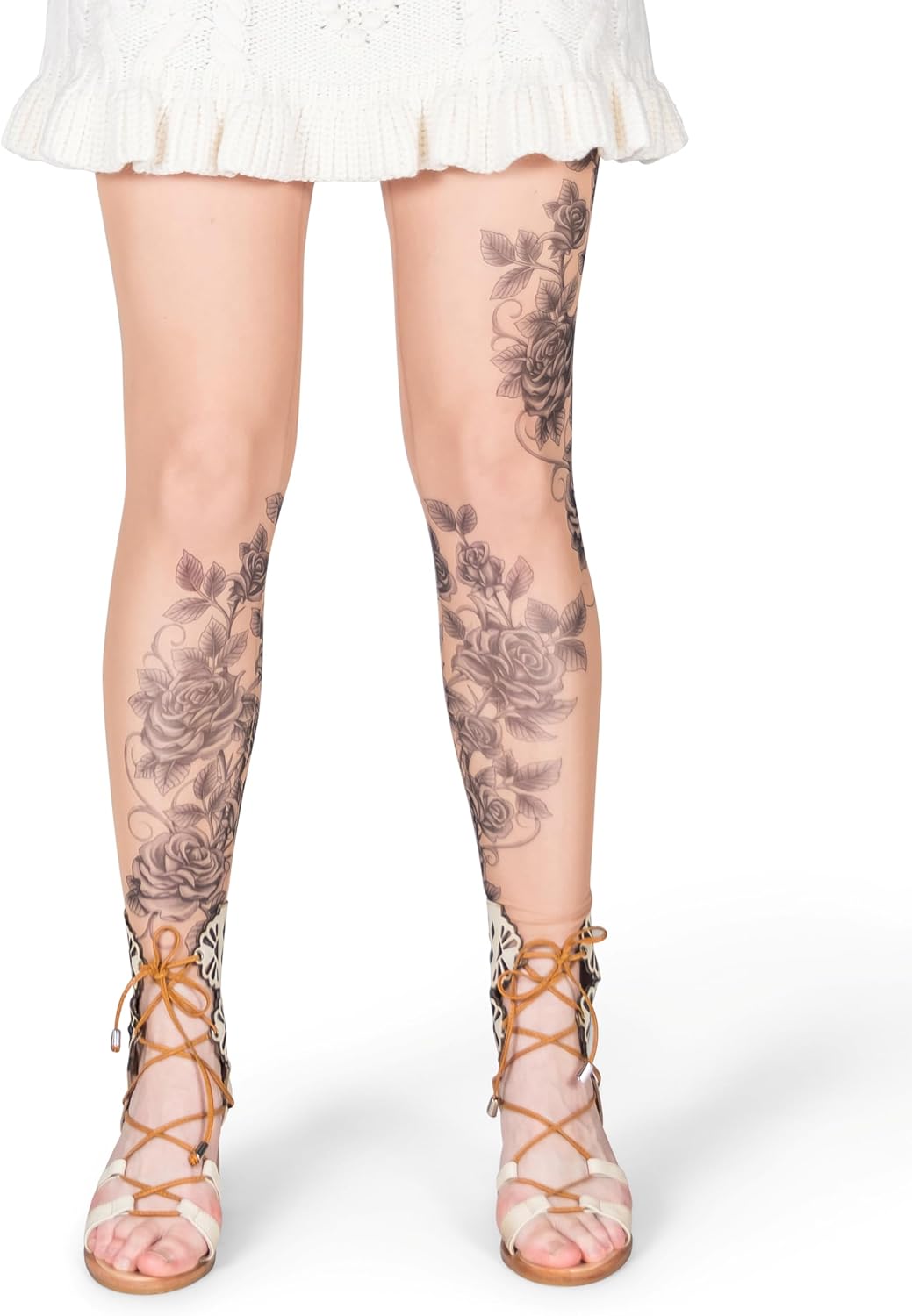 Wild Rose Ladies Grey Roses Tattoo Mesh Leggings Floral Greywork Blackwork, Tan