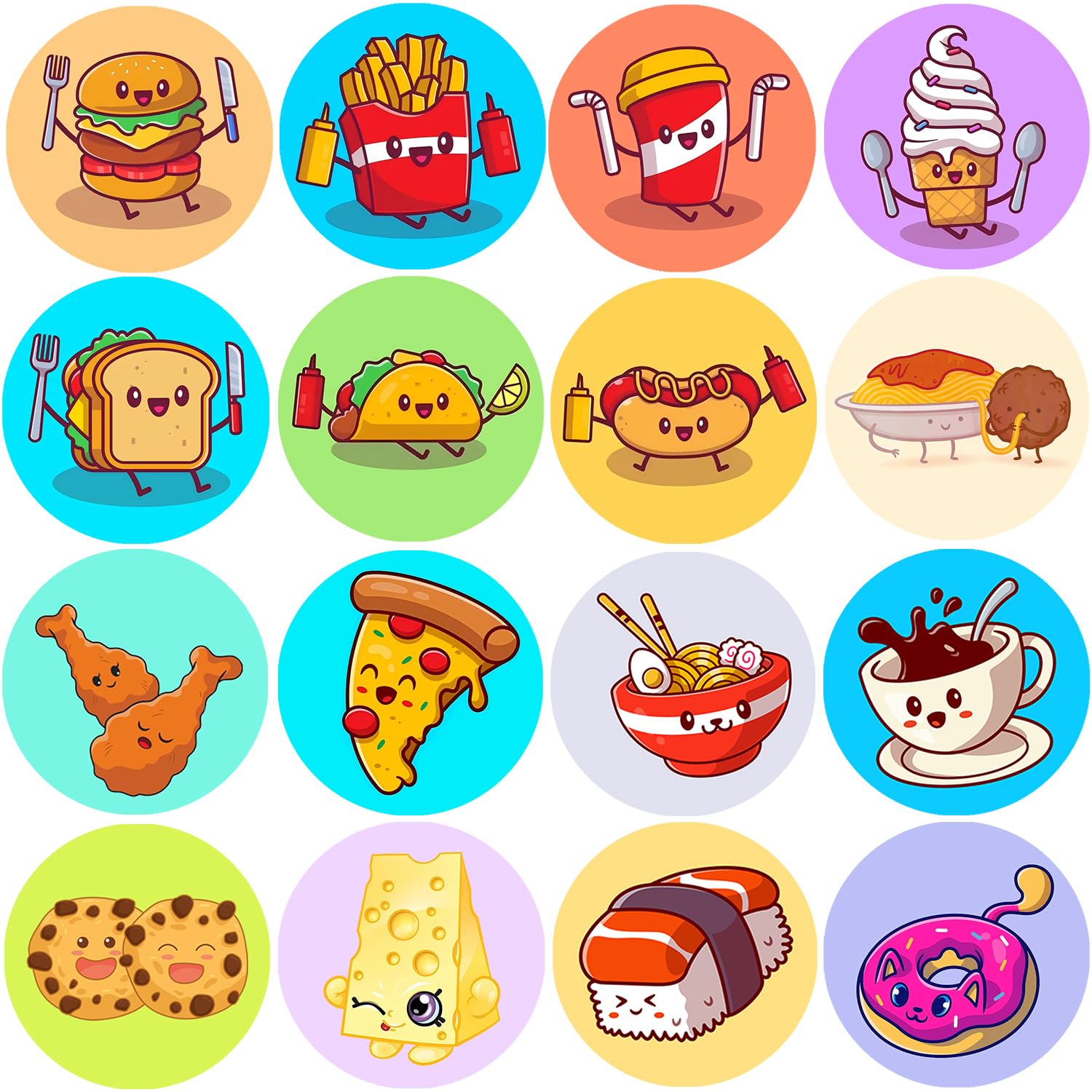 Hohamn 600 Pcs Food Stickers Roll for Kids 1.5 Inch 16 Styles Food Snack Stickers for Kids Boys Girls Birthday Party School Reward Giveaways