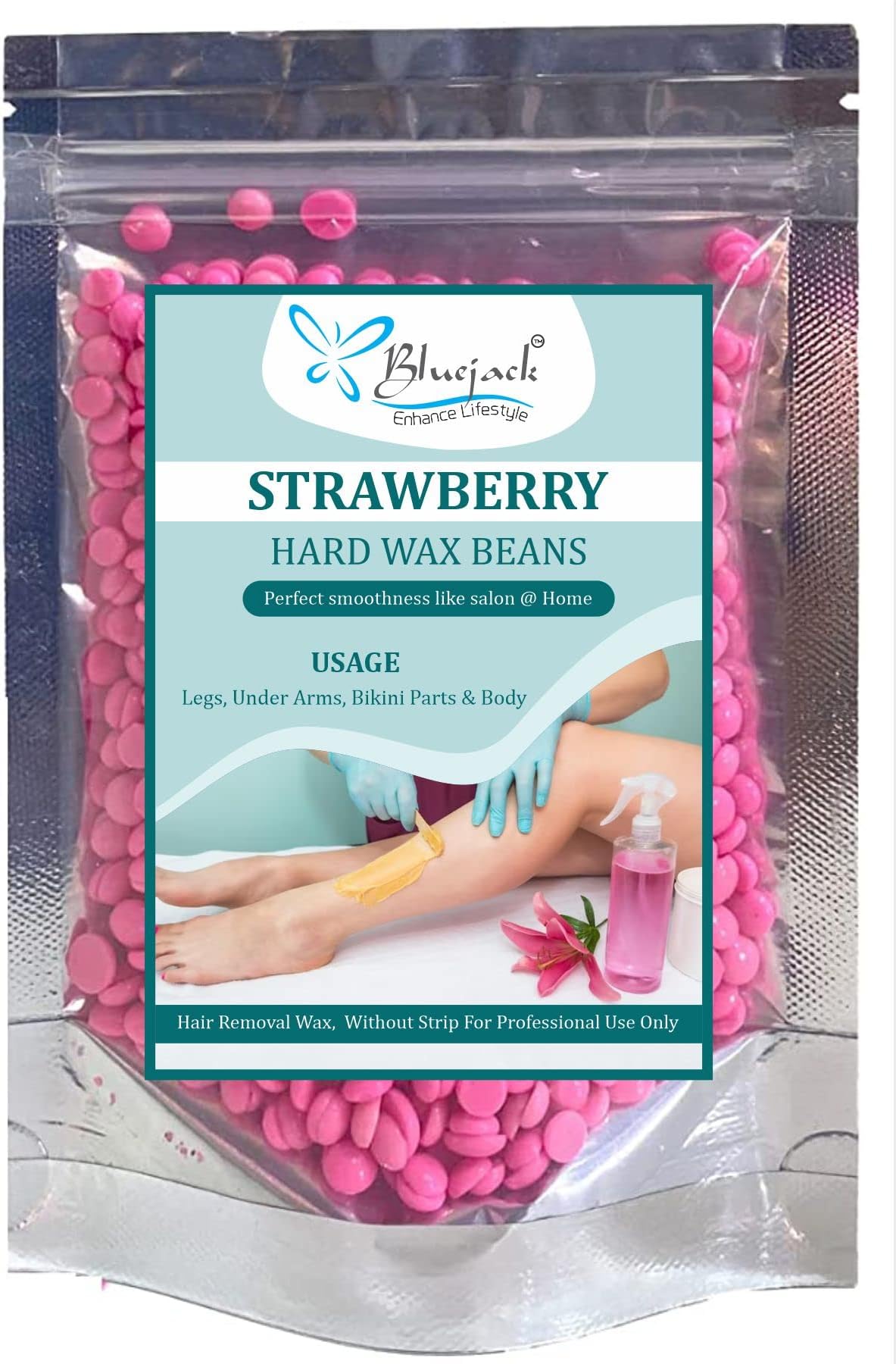 Bluejack Hard Wax Beans for Painless Hair Removal, Brazilian Waxing for Face, Eyebrow, Back, Chest, Bikini Areas, Legs At Home 100 g bag with 3 pcs Wax Spatulas (Strawberry Pink)