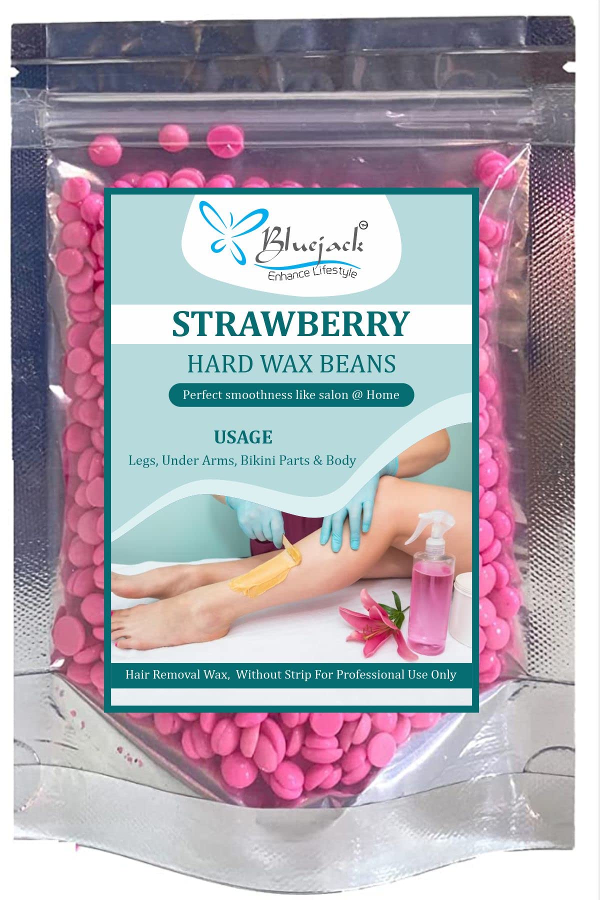 Bluejack Painless & Stripless Hair Removal Wax Beans for Face, Under Arm, Legs, Chest Wax Pink (100 g)