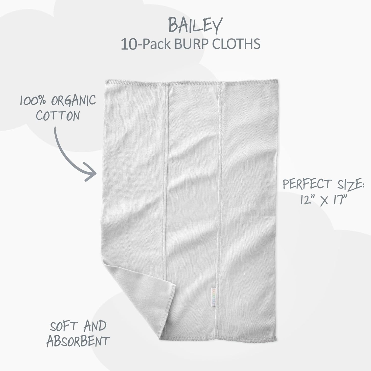 Bailey 10-Pack Burp Cloths 100% Organic Cotton Knit for Newborn & Baby Boys & Girls, White, One Size