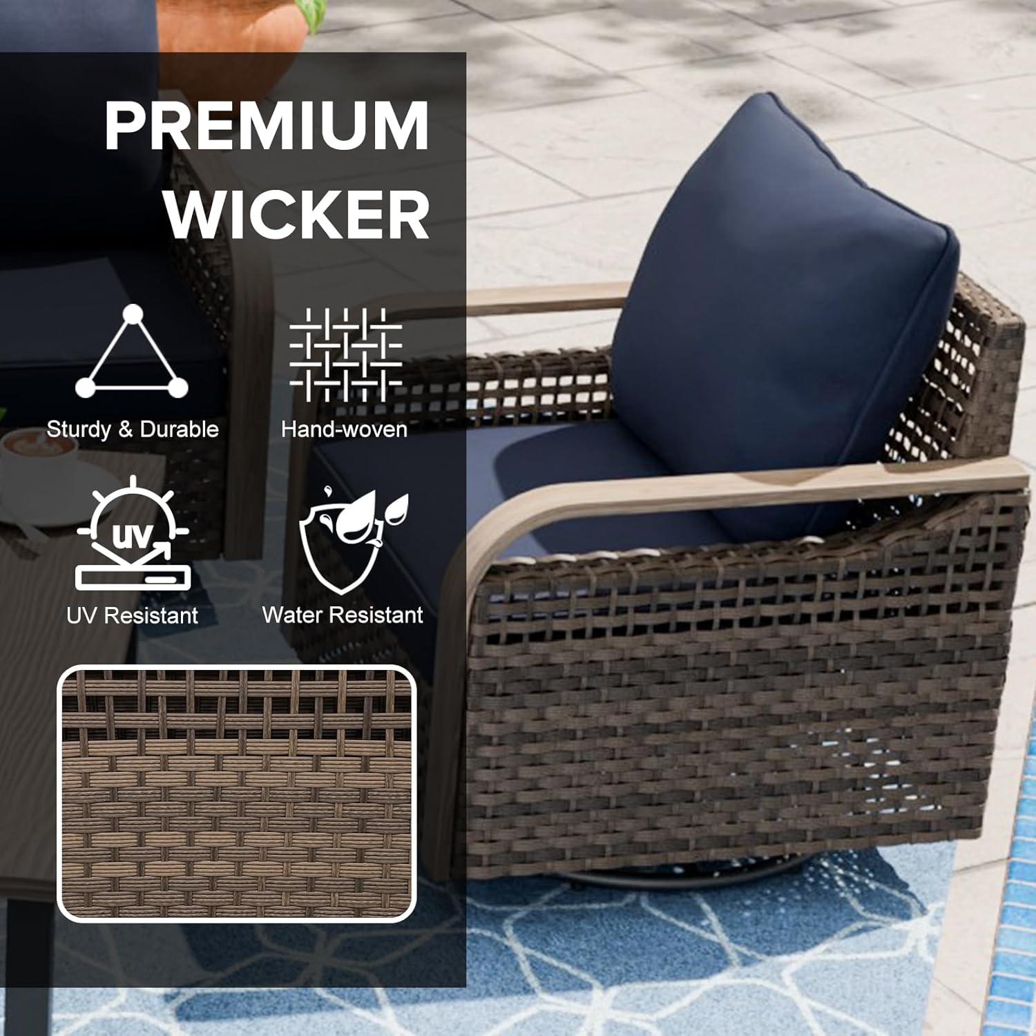 COOS BAY Modern Outdoor Swivel Rocker Chairs, Wicker Glider Rocking Chairs with Cushions, 360° Swivel Rattan Patio Seating, 4 Pieces, Brown/Blue