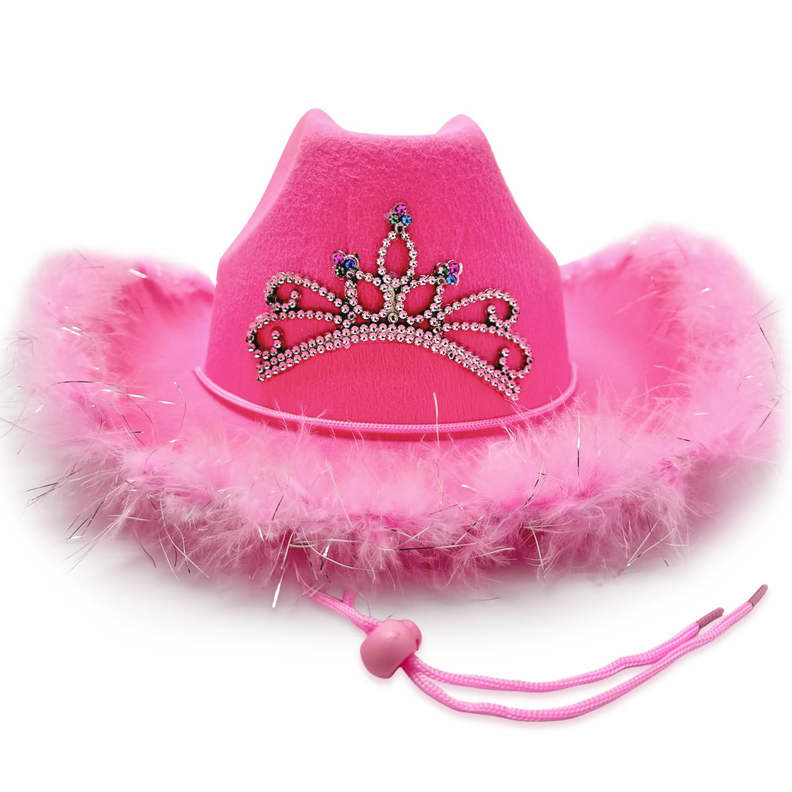 ZOOMPIL Pink Feather Cowgirl Hat with Silver Tiara - Adjustable Felt Cowboy Hat for Women - Secure Fit & Dance-Proof for Nashville Bachelorette Party, Space Cowgirl Costume & Country Concerts