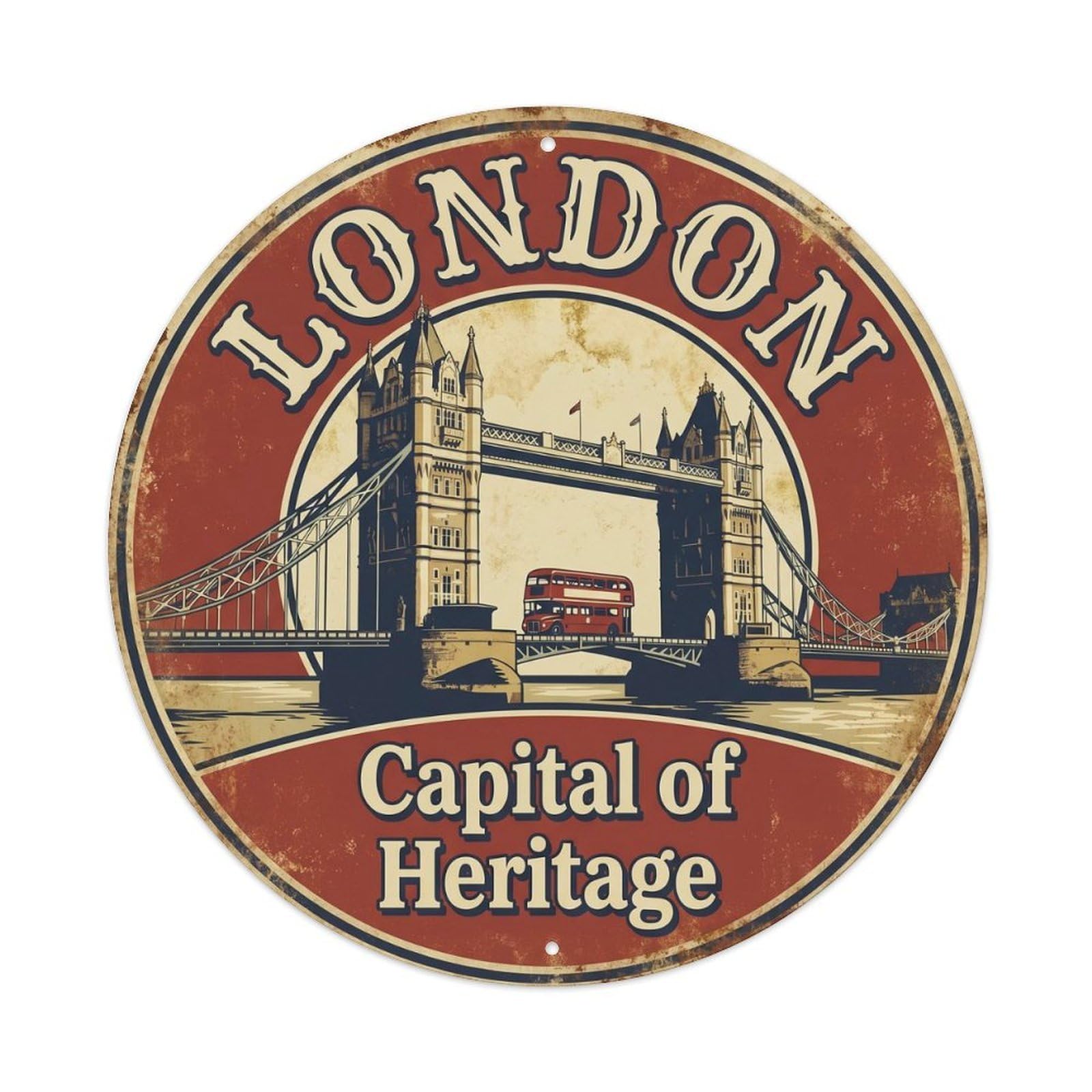 Vintage Travel London Bridge Tower Metal Tin Sign Plaque Wall Decor for Cafe, Club Bar, Office, Home Garden Round Metal Poster 8x8Inch