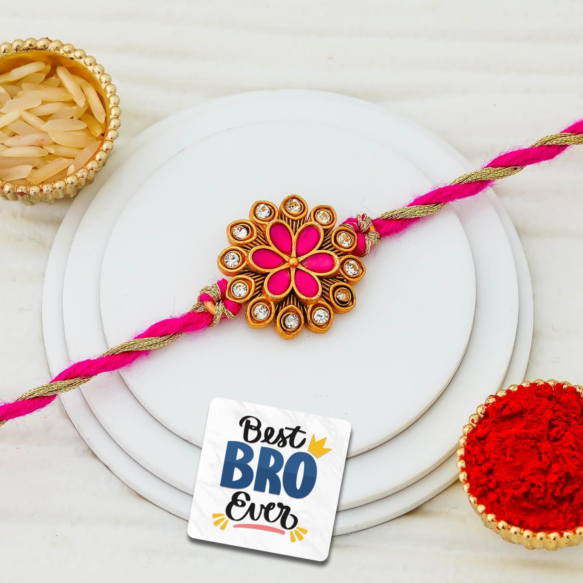 eCraftIndia Beautiful Golden Pink Flower Designer Rakhi for Brother | Raksha Bandhan Rakhi for Bhaiya Bhabhi Bhai Kids | Best Bro Ever Fridge Magnet | Roli Chawal Pack-picture-28