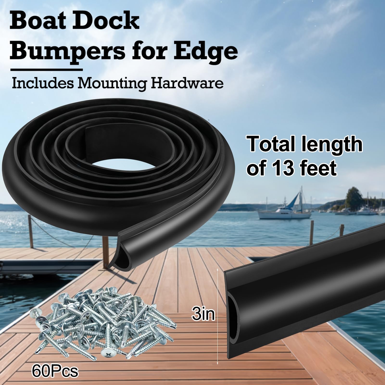 Bootsdock-Stoßstangen, 13 Fuß/26 FußDock-Kantenschutz für Ramm- und Anlegesteg, Rub Rail für Boote, Schutz, schwarz, Dock-Schutzblech, Stoßstange, inkl. Befestigungsschrauben