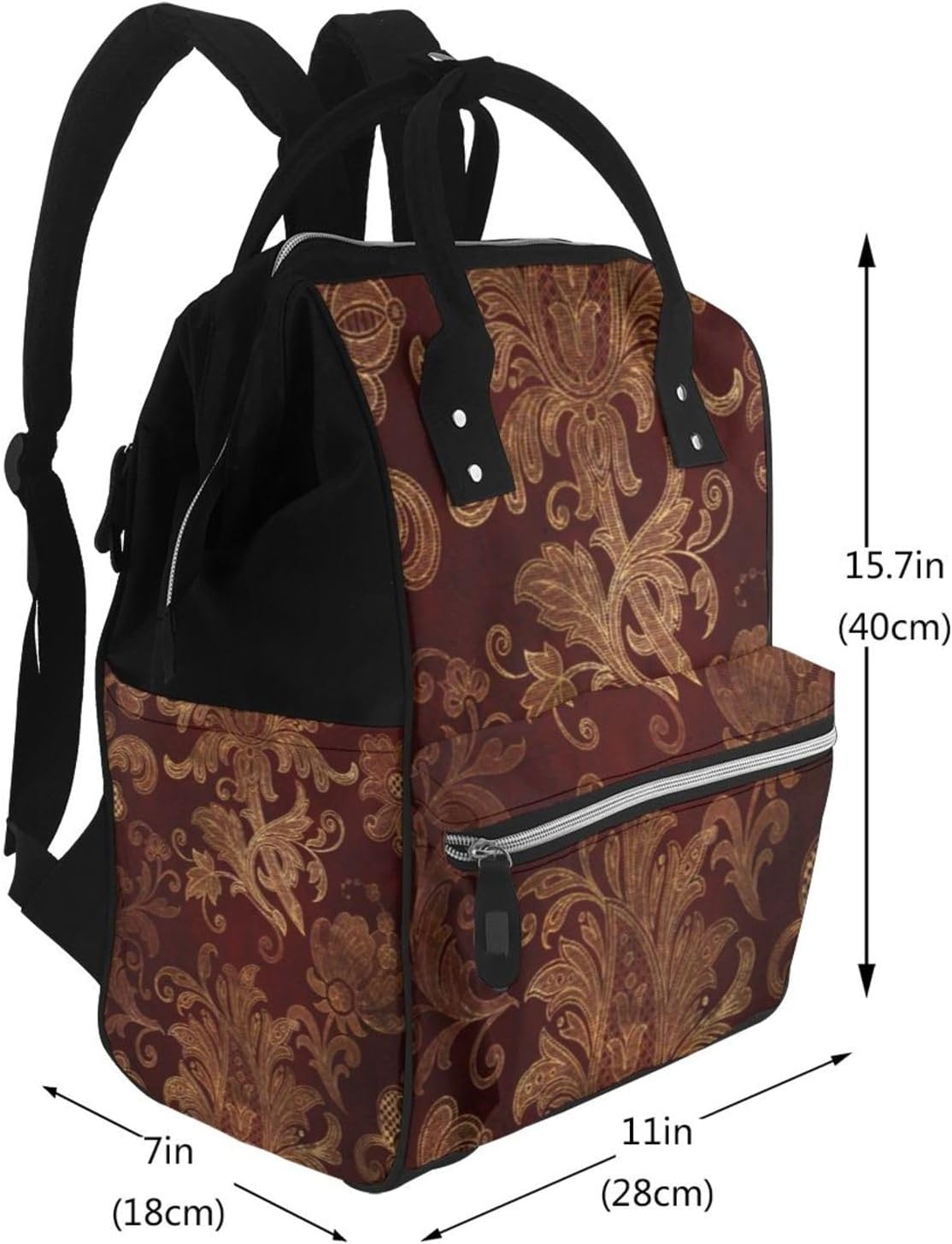 Vintage Red Gold Damask Diaper Bag Backpack for Women, Large Capacity Waterproof Travel Bag with Stroller Straps