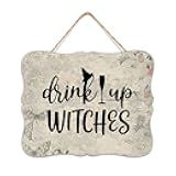 20x25cm Wood Sign with Rope, Drink Up Witches,Wine, Halloween Wooden Sign with Sayings - Wooden Signage Plaque for Wall Door Garden Porch Cafe Pub Decor Housewarming Gift