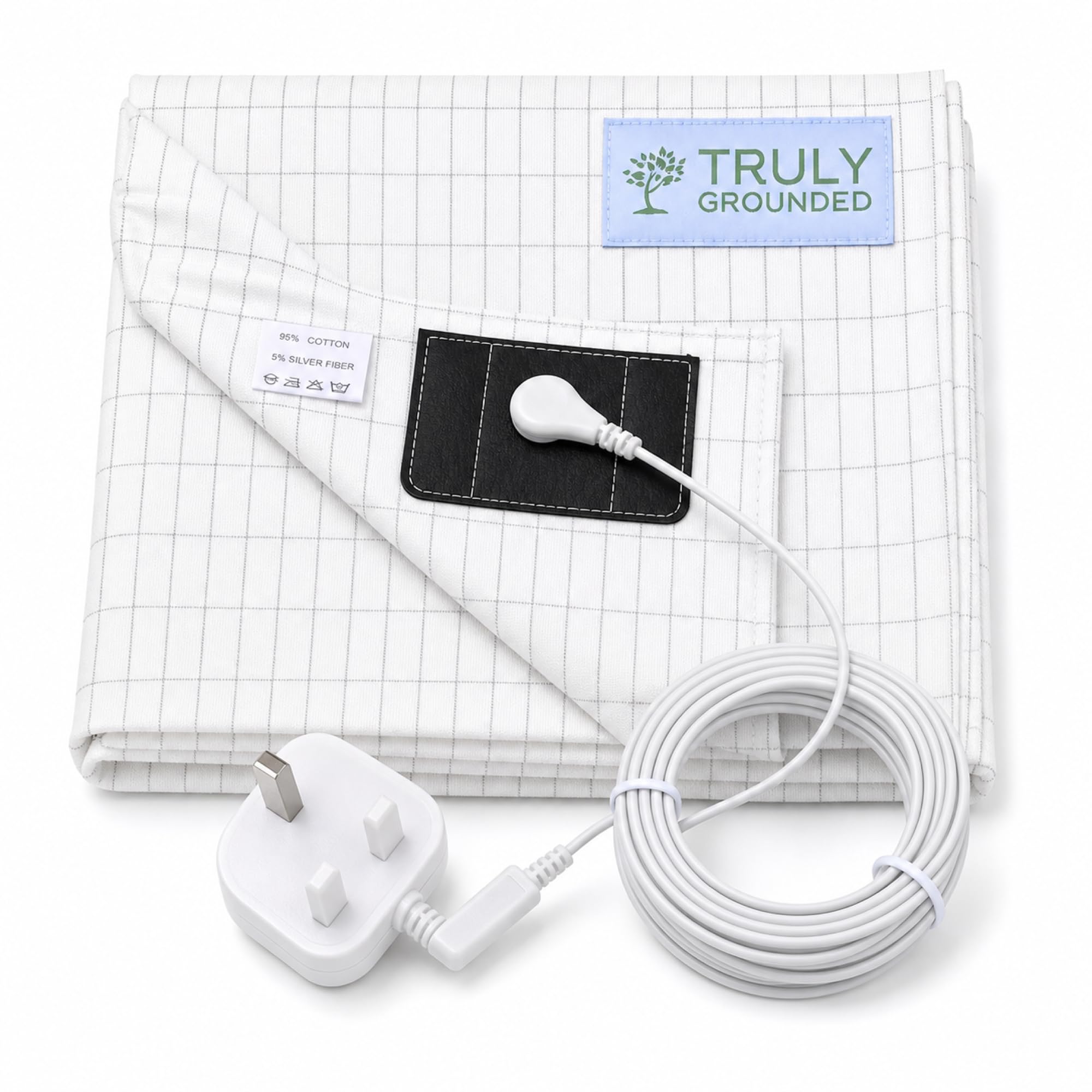 Truly Grounded White Earthing/Grounding Fitted Sheet With Conductive Silver Threads (King (153 * 203Cm)) Inc. Cord And Uk Adapter