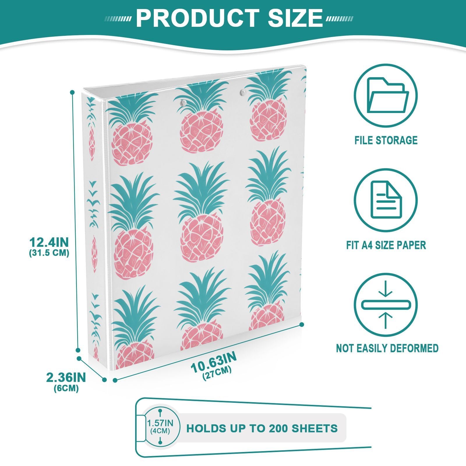 Confezione da 2 raccoglitori a 3 anelli, stampa ananas rosa, 3,8 cm, con 3 tasche trasparenti, portablocco e contiene 200 fogli, per ufficio, scuola, organizzazione domestica