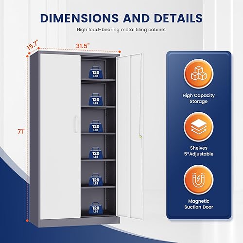 Miniatura 69 de Yizosh Armario de almacenamiento de metal para garaje con 2 puertas y 5 estantes ajustables, gabinete de archivo de acero con cerradura de 71 Negro