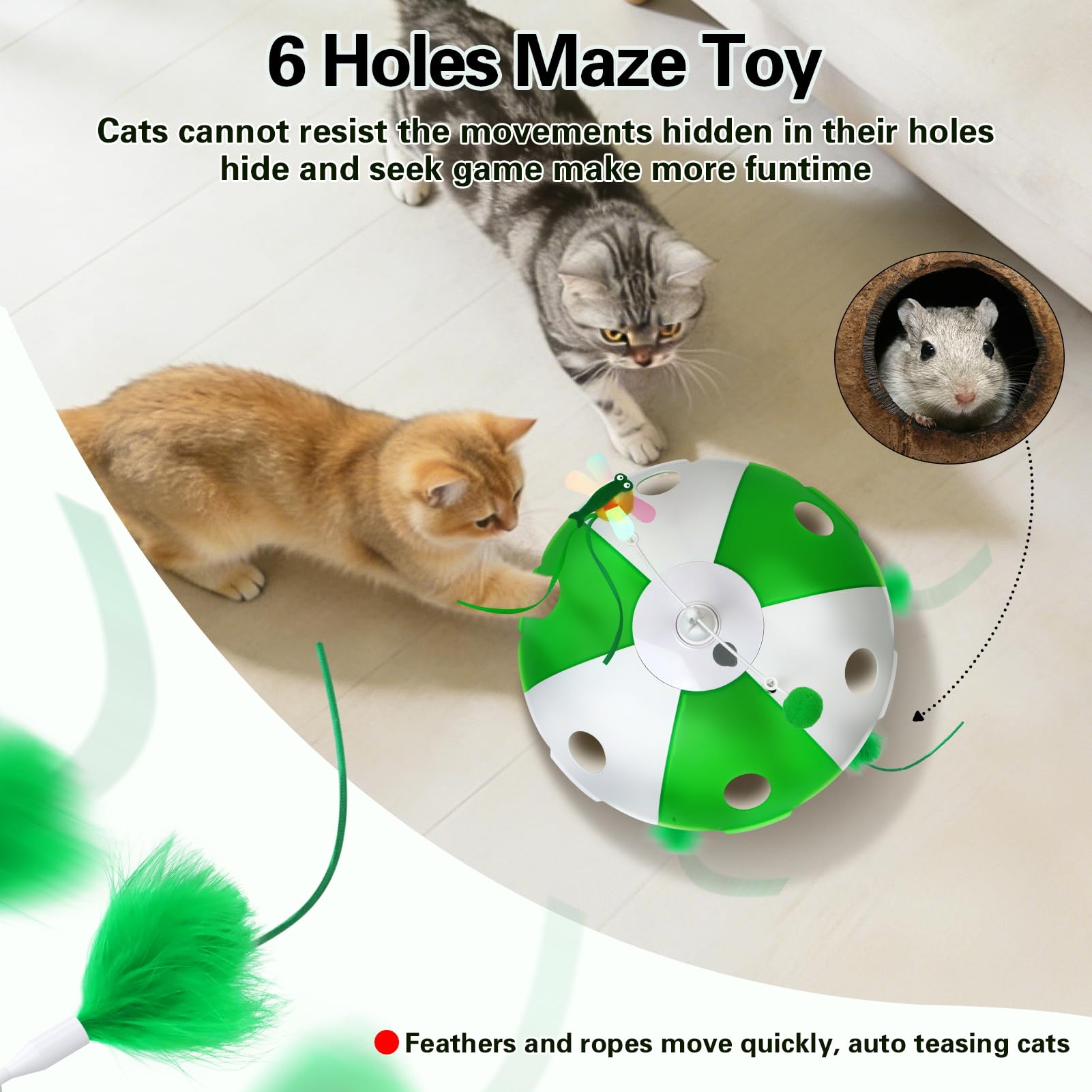 Sofolor Giocattoli per gatti ricaricabili, giocattoli interattivi per gatti da interni, attivati al tocco, piuma in movimento, gattonamento degli uccelli, gioco di cattura del topo labirinto a 6 fori