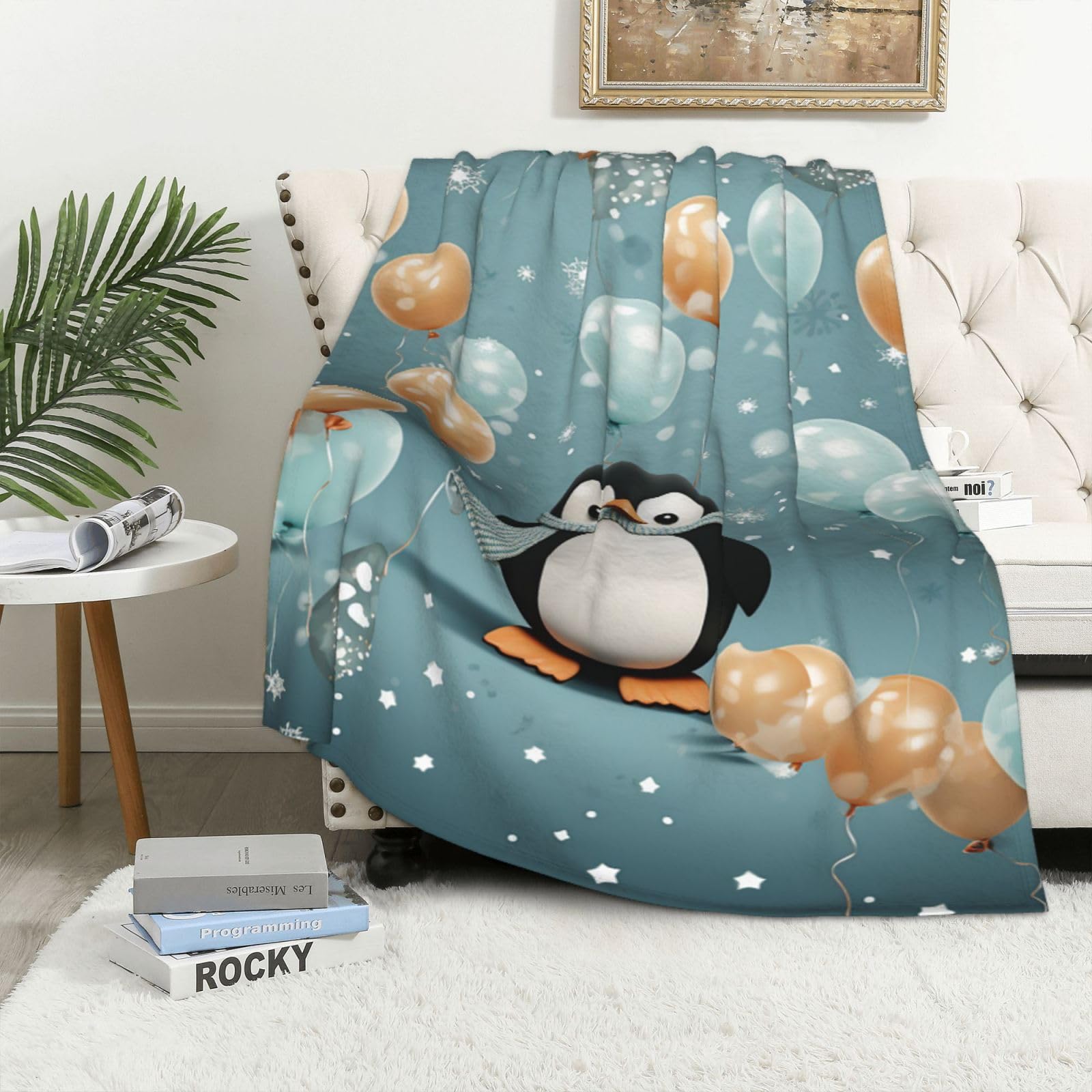 Couverture polaire en flanelle douce imprimé pingouin, une idée cadeau parfaite pour enfant