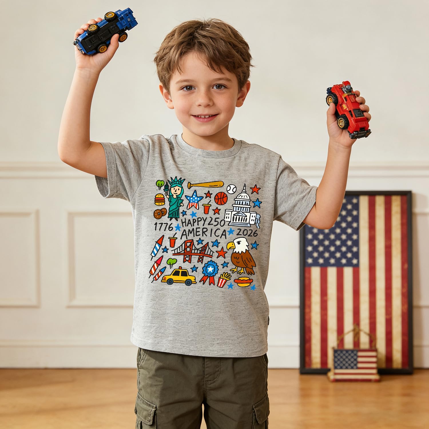 Kids 4th of July Shirt Toddler Dinosaur 250th Anniversary T-Shirt Boys Girls Tractor Raccoon Cherry USA Flag Top 2-7T