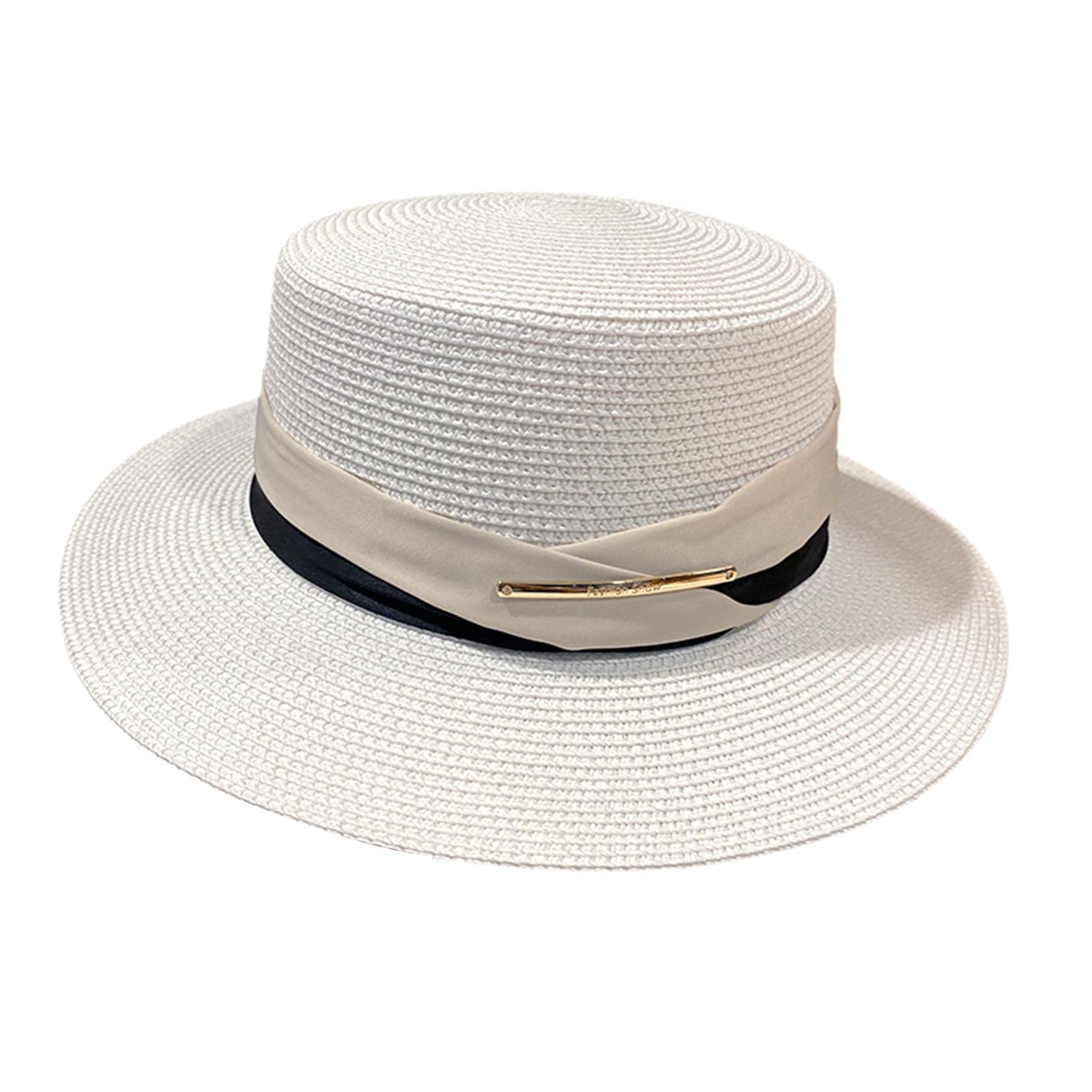 Sommer Beach Sonnenhüte für Frauen Faltbare Floppy Reisende packbare Khaki -Strohhut, breiter Krempe Hut White-56-58cm