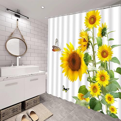 Miniatura 5 de Fsfusvk Cortina de ducha de girasol, primavera, rústico, flores amarillas, mariposa, granja, floral, acuarela, hojas verdes, paisaje, flores, tela