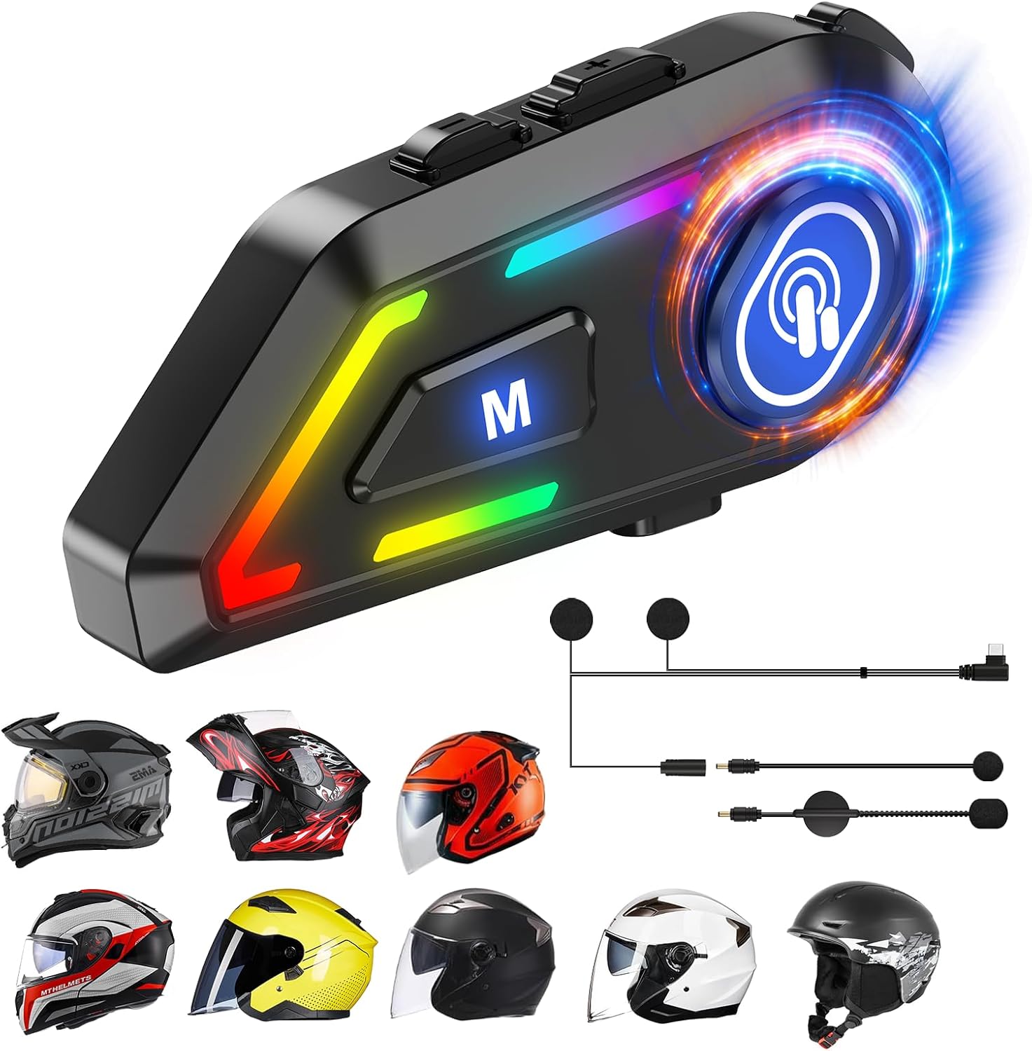 Motorcycle Helmet Bluetooth Headset, Motorcycle Helmet Speakers with 2 Type Mics, Hands Free Call/Music/IPX5/Noise Cancellation/Wake Up Siri/Can Connect Two Mobile Phones, Compatible with All Helmets