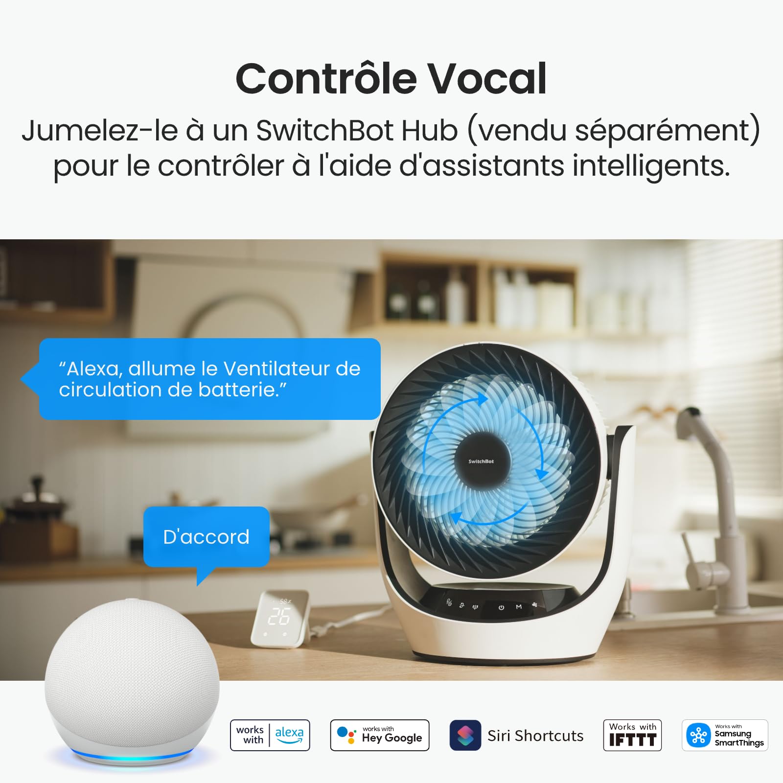 SwitchBot Ventilateur de Circulation de Batterie, USB，24dB Silencieux pour la Chambre, Compatible avec Alexa/Google/Siri (Hub requis), 4 Modes, Minuterie de 9h, à batterie économe en énergie