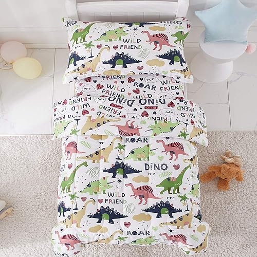 Joyreap Juego de ropa de cama de 4 piezas para niños pequeños, tema de dinosaurio impreso en blanco, tamaño estándar, incluye edredón acolchado,