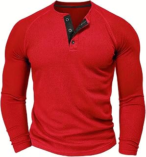 Mens Waffle Henley Long Sleeve T-Shirt Slim Fit V Neck Button Shirt Stretch Tees Casual Lightweight Athletic Tops