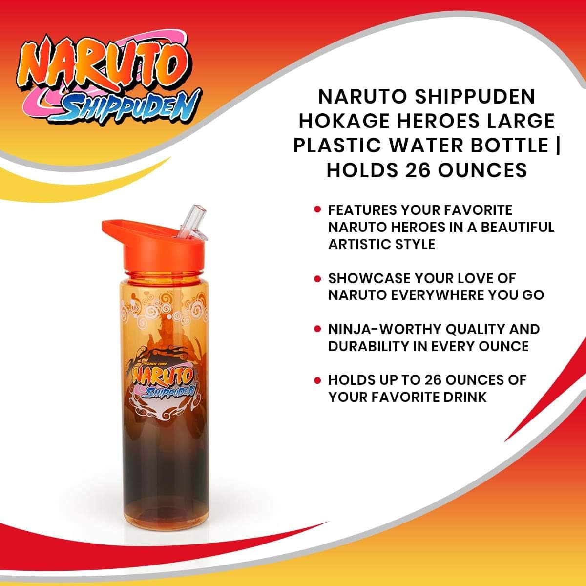 Naruto Shippuden Hokage Heroes Large Plastic Water Bottle | Features Konohagakure's 4th, 5th, And 6th Hokages | Holds 26 Ounces