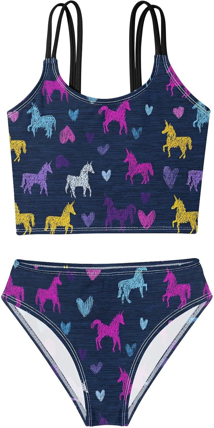 visesunny Girls Two Piece Swimsuits Deep Blue Unicorn Girl's Bikini Sets Bathing Suits for Girls Size 5-12Y