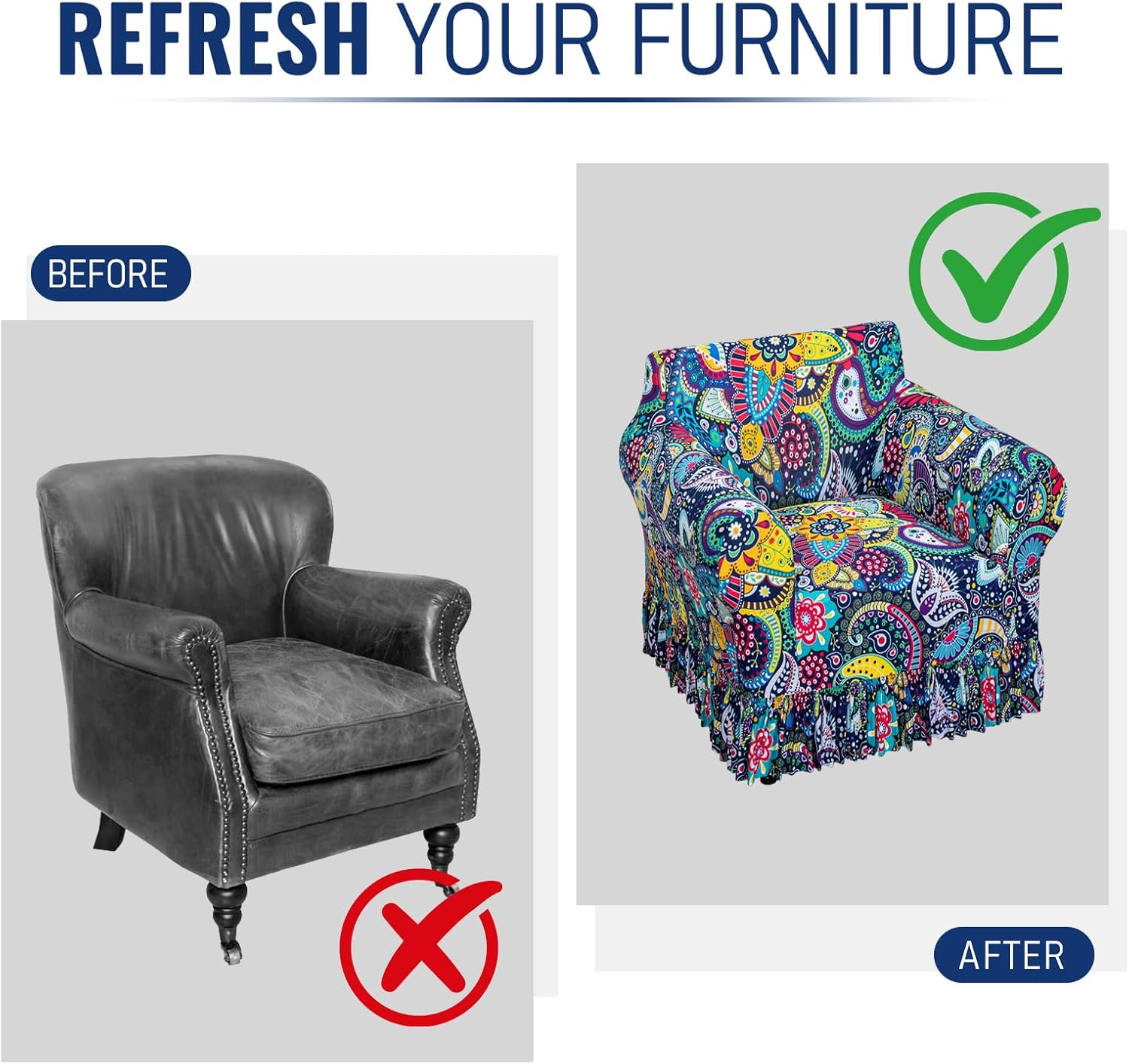 FUANGUI Armchair Slipcover Armchair Cover 1 Piece, Stretch Sofa Couch Cover with Skirt, Couch Slip Covers Pet Friendly, Washable Couch Covers for Sofa, Printed Furniture Protector (1-Seater, 31"-47")