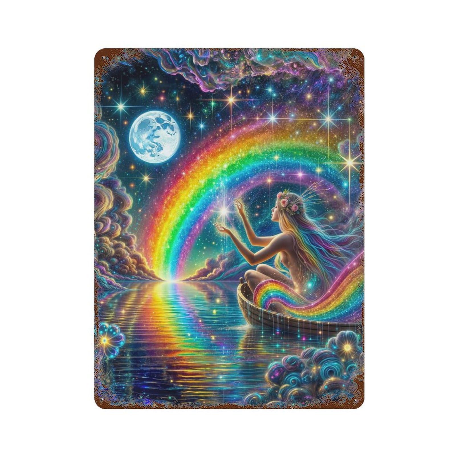 Moonlit Rainbow Dreams Rusty Metal Tin Sign 15.7"x11.8", Old School Wall Decor for Garage, Pub Or Kitchen