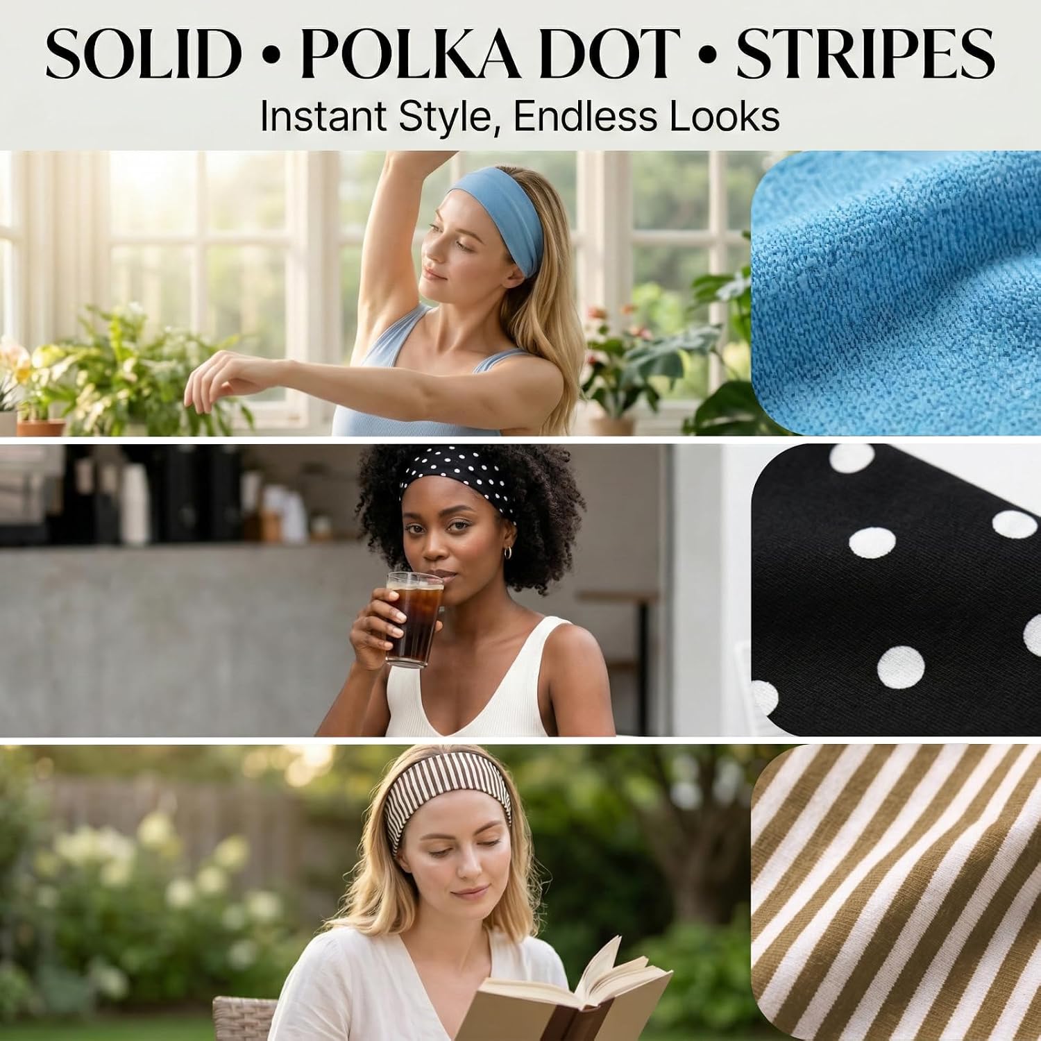 8 Pack Polka Dot Headbands for Women's Hair, Non Slip Wide Stretchy Hair Bands, Vintage Striped Elastic Head Bands for Yoga Workout Fashion Accessories (8 Styles)