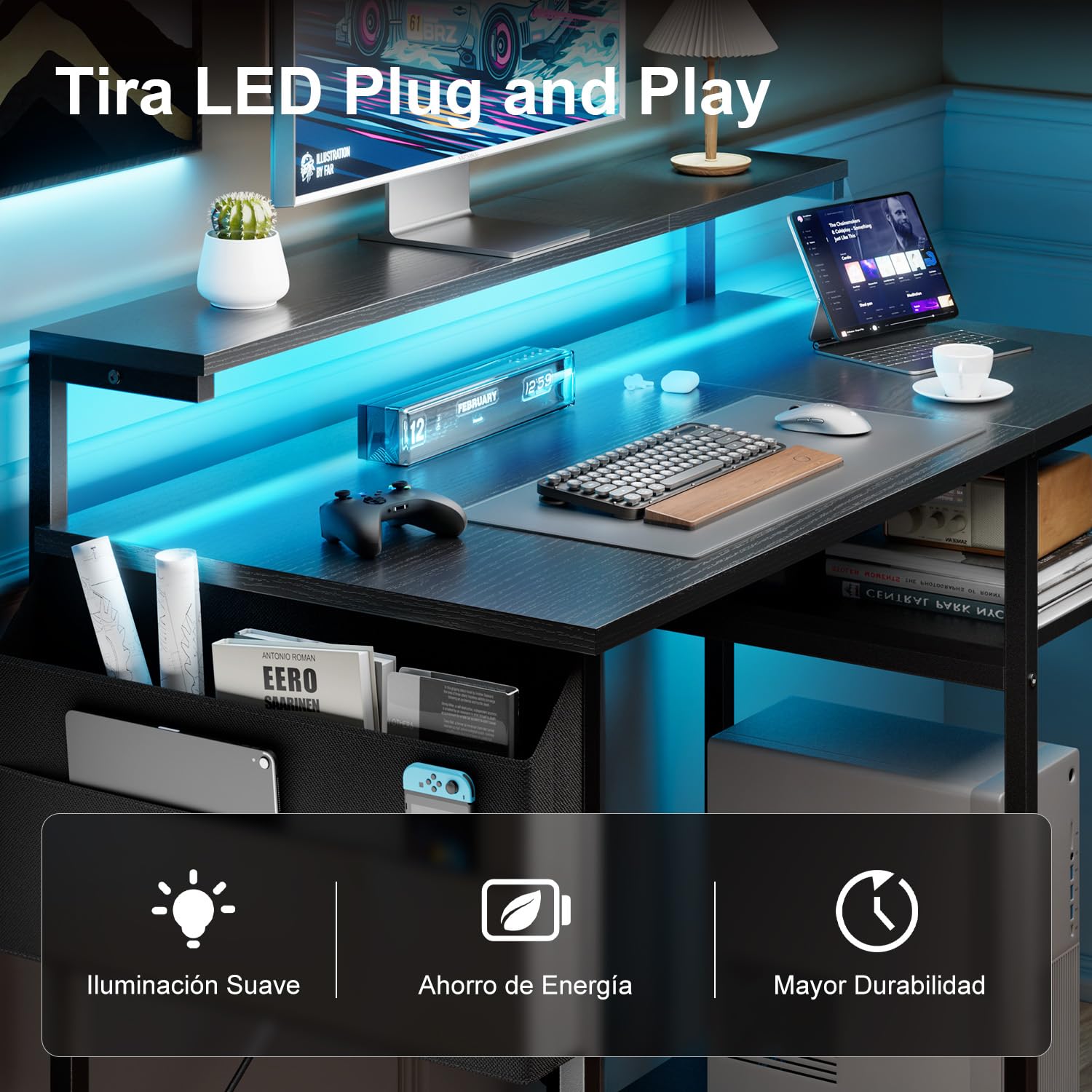 SOLAVERO LED Escritorio 100 x 48 cm, Mesa Escritorio Pequeña con Soporte de Monitor, Mesa Ordenador con Bolsa de Almacenaje, Estante Ajustables, para Oficina en Casa, Estudio y Juegos, Negro