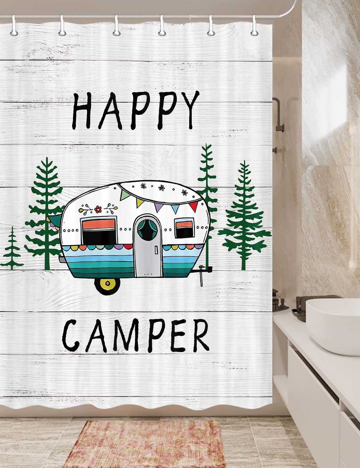 Camping Duschvorhang Set – Wasserdichter Bad-Vorhang Mit Vintage-Wohnmobil-Motiv & 12 Haken