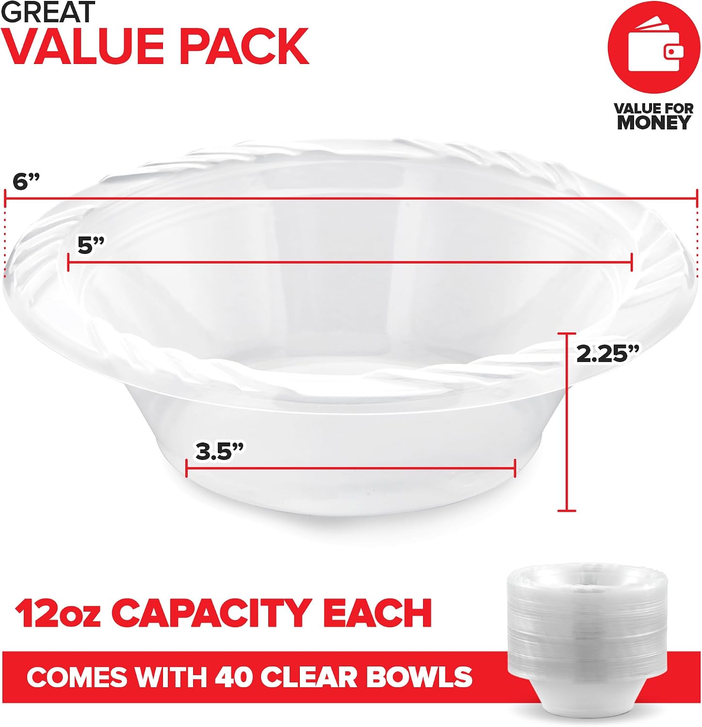 Stock Your Home 40 Pack 12 oz Elegant Clear Plastic Bowls for Parties Small Disposable Bowl for Fancy Dinner or Cocktail Party, Soup and Salad, Thick and Sturdy