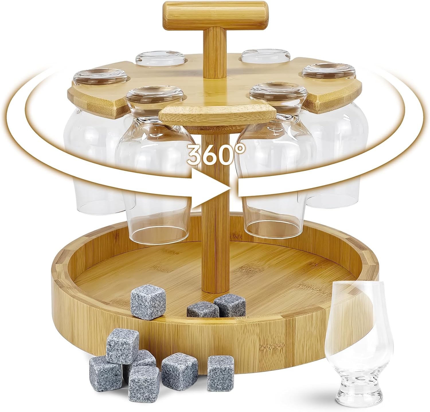 360° Rotating Bamboo Whiskey Glass Rack – Compatible with Glencairn Glasses, 6-Glass Holder with T-Handle and Tray, Premium Lacquered Bamboo Bar Accessory