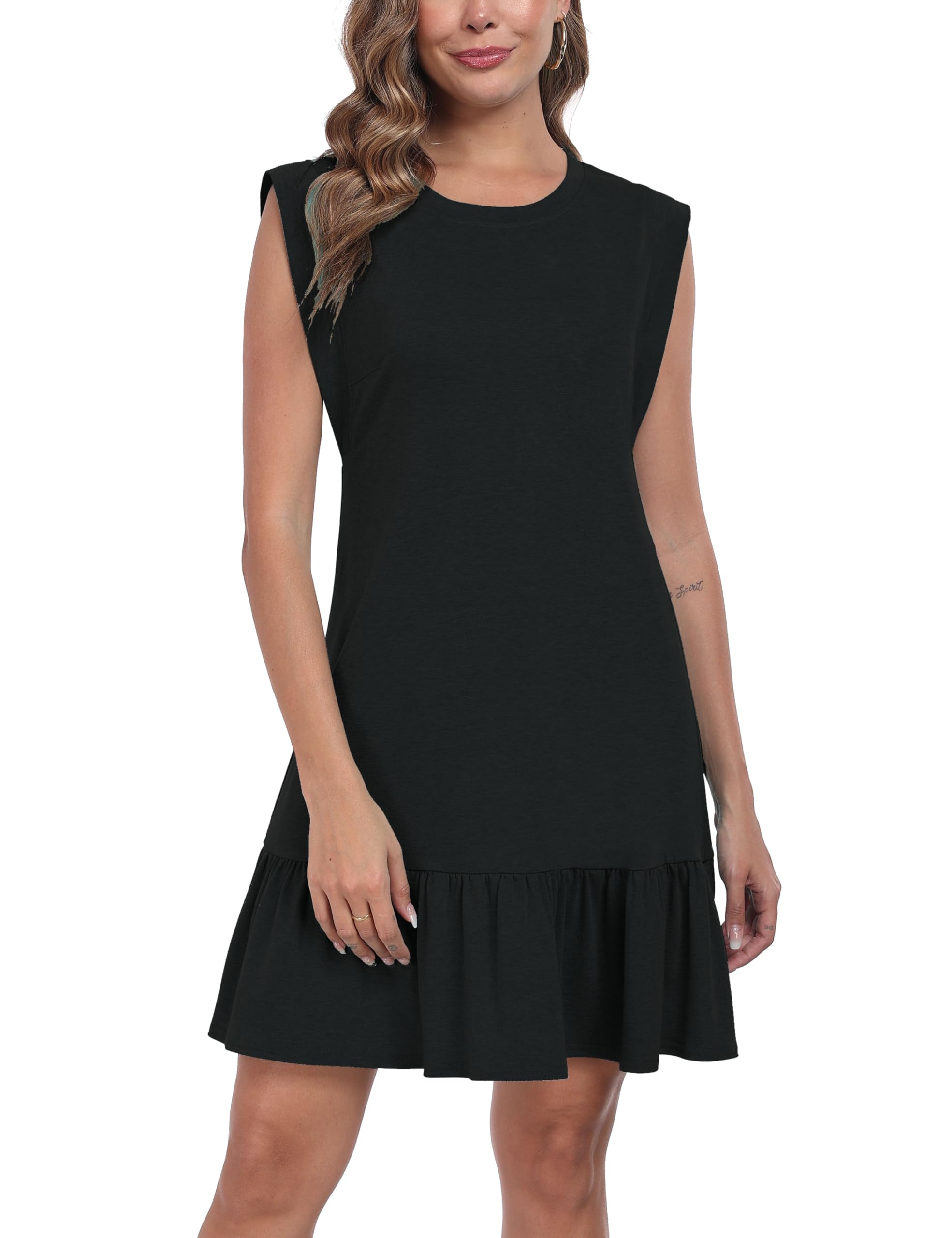 Vmslyii Women's Black Sleeveless Summer Dress Smocked Casual Loose Ruffle Hem A-Line Swing Mini Dress Sundress, M