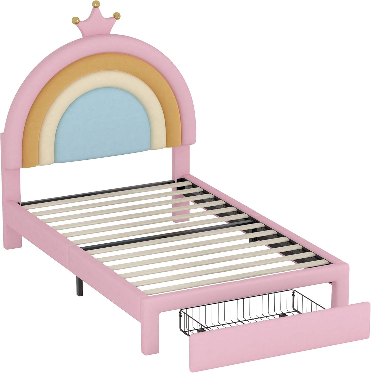 Bellemave Rainbow Twin Size Princess Bed with Storage Drawers for Girls,Cute Twin Size Bed Frame for Kids Girls,Velvet Upholstered Bed Frame, Colorful&Pink