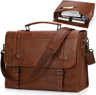 RAINSMORE Men's 17 Inch Waterproof Vintage Leather Messenger Bag - Laptop Briefcase Satchel for Office, Business Travel, College (Brown)