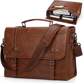 RAINSMORE RAINSMORE Mens Messenger Bag 17 Inch Waterproof Vintage Leather Laptop Briefcase Large Laptop Bag Satchel Bag Computer Shoulder Bag for Office Business Travel College,Brown ClimeCo Certified