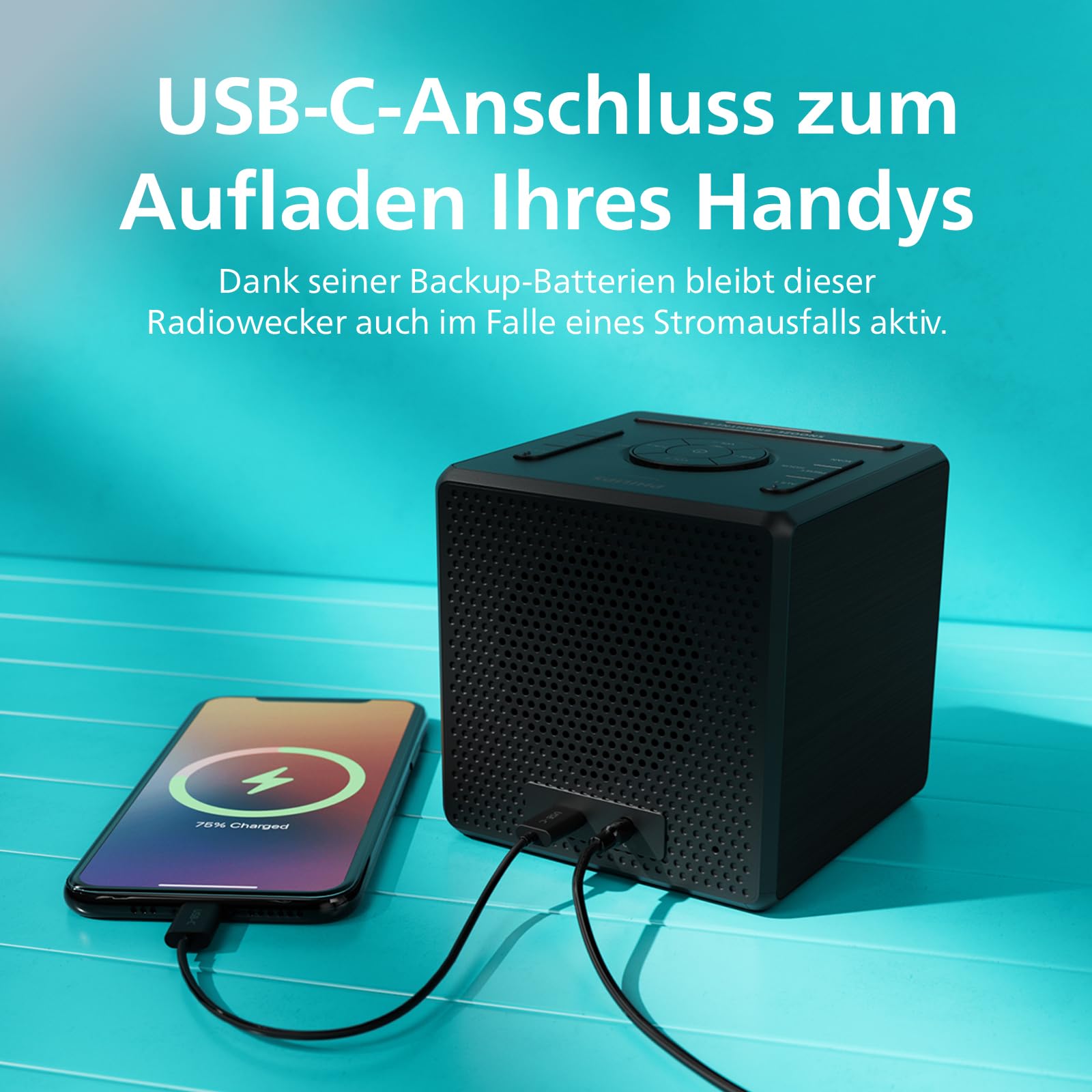 Philips TAR4650 DAB+/UKW Uhrenradio mit Doppelweckfunktion – USB-Anschluss, inkl. Multikabel