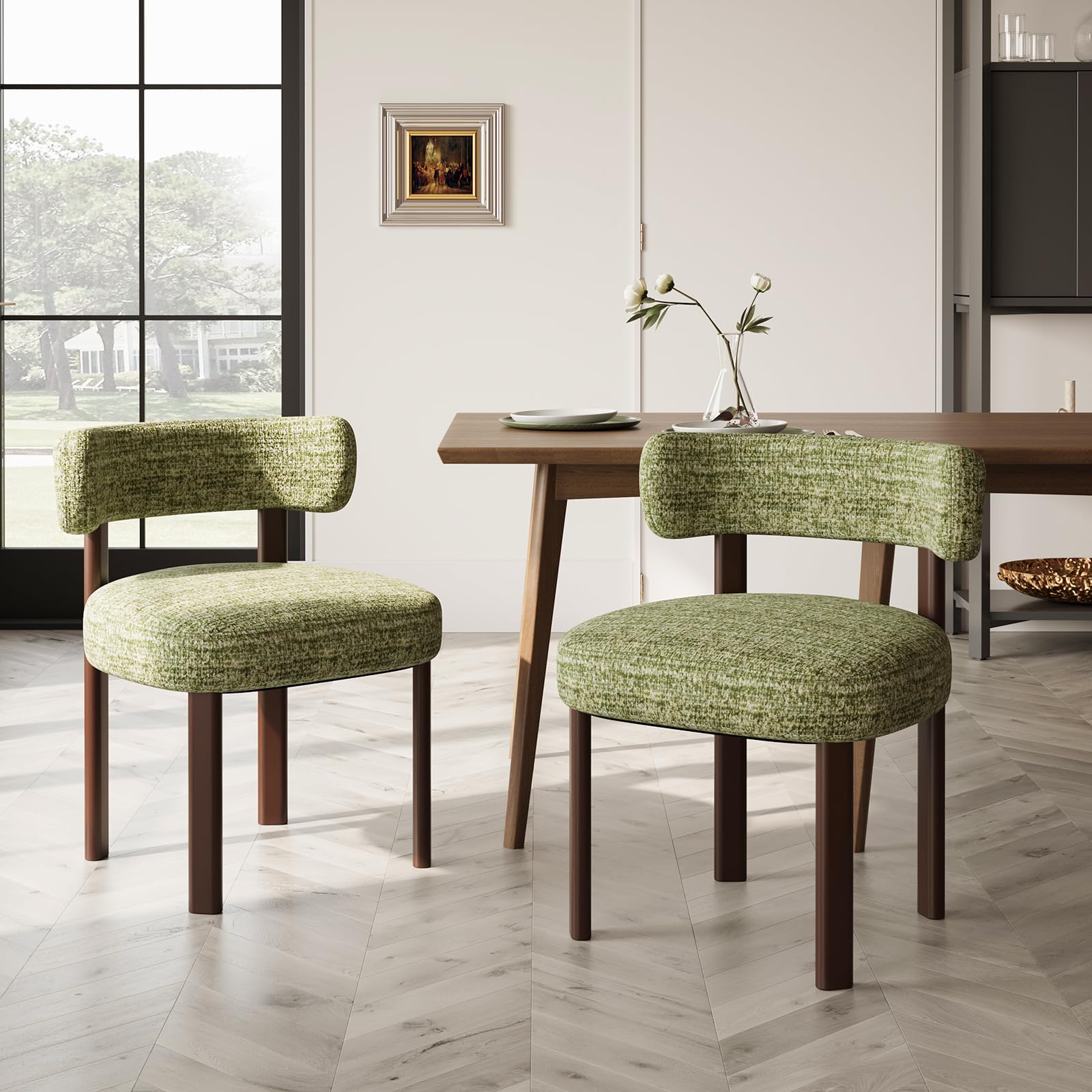 COLAMY Wooden Dining Chairs Set of 2, Fabric Chairs for Dining Room with Open Curved Backrest and Thick Seat Cushion, Upholstered Kitchen Chair with Anti-Slip Pads, Green