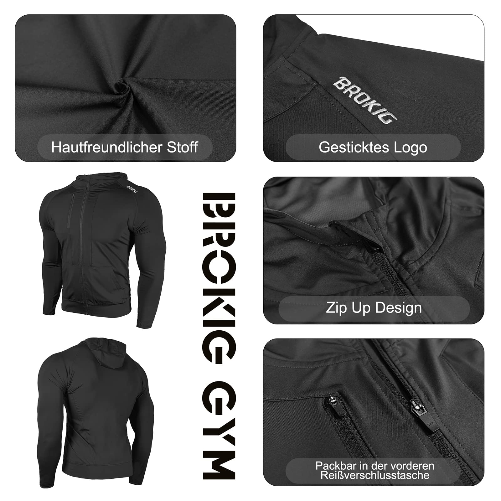 BROKIG Leichte Hoodie Herren,Schnelltrocknende Laufjacke Atmungsaktives Kapuzenpullover Trainingsjacke mit Reißverschluss