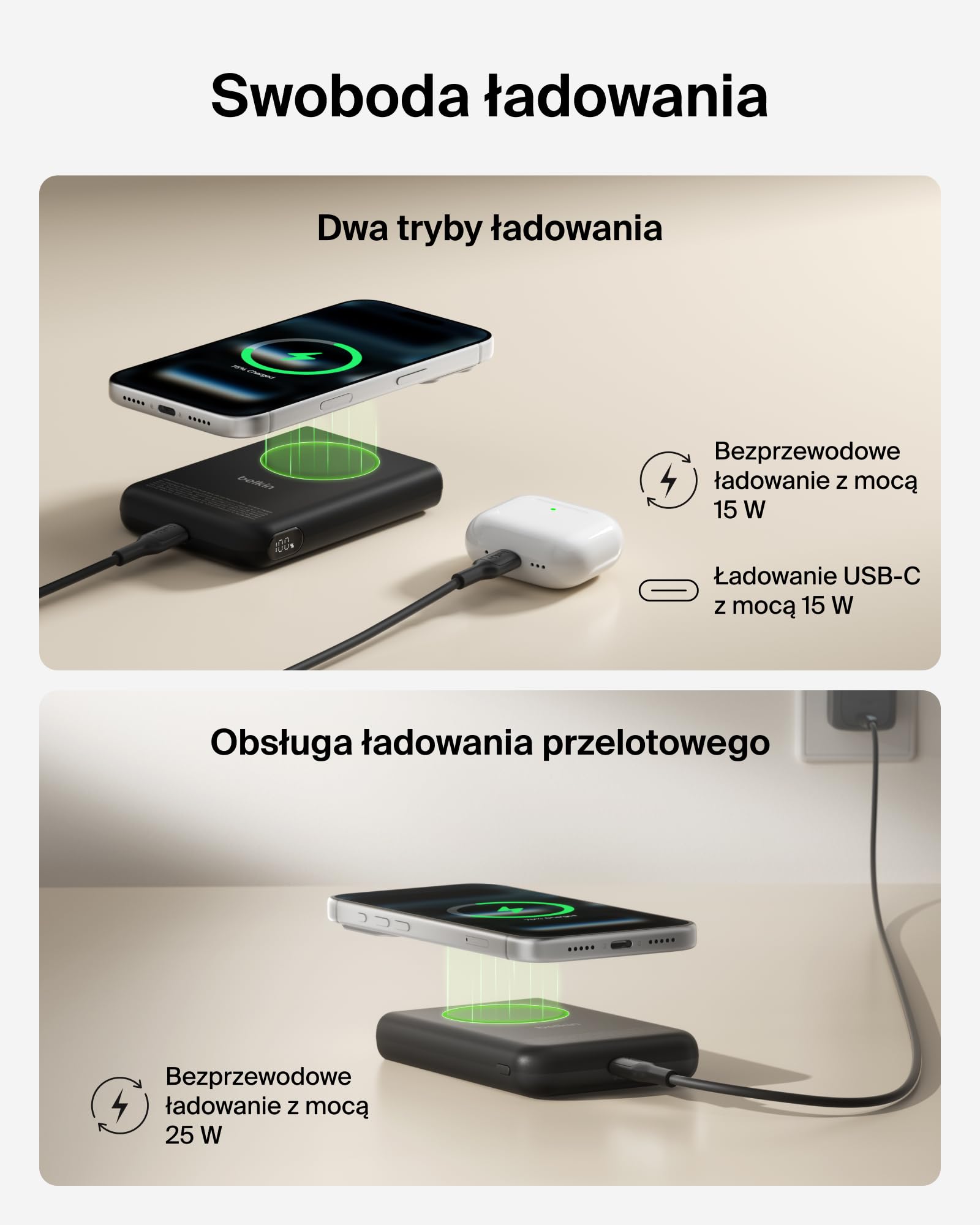 Belkin BoostCharge Magnetyczny Powerbank 10000 mAh z Podpórką – Czarny | Powerbank Bezprzewodowy 10000 mAh, Pierścień Magnetyczny do Podłączania Akcesoriów, Port USB-C, Naładowany, Kabel w Zestawie