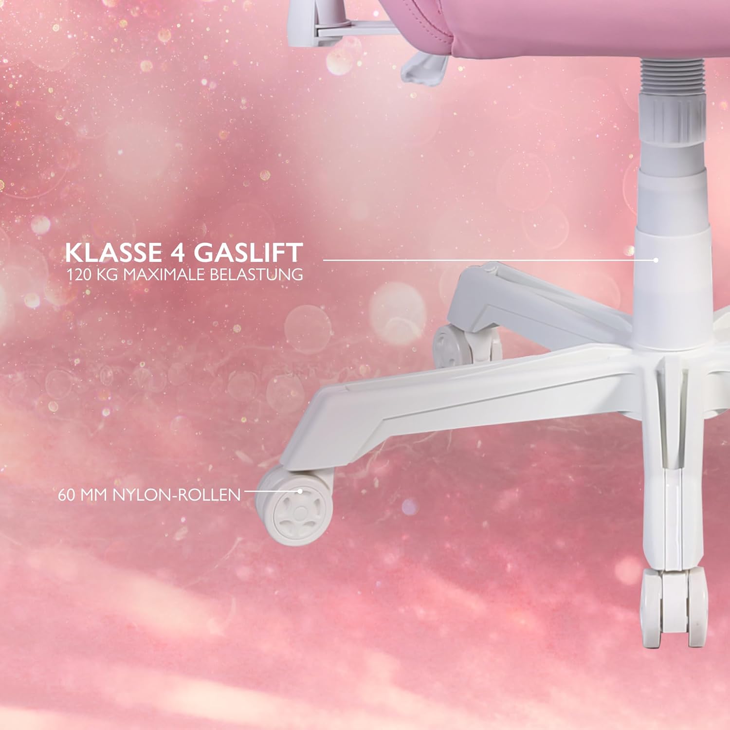 Close-up of the chair's white 5-point star base with 60mm nylon casters and a Class 4 gas lift mechanism.