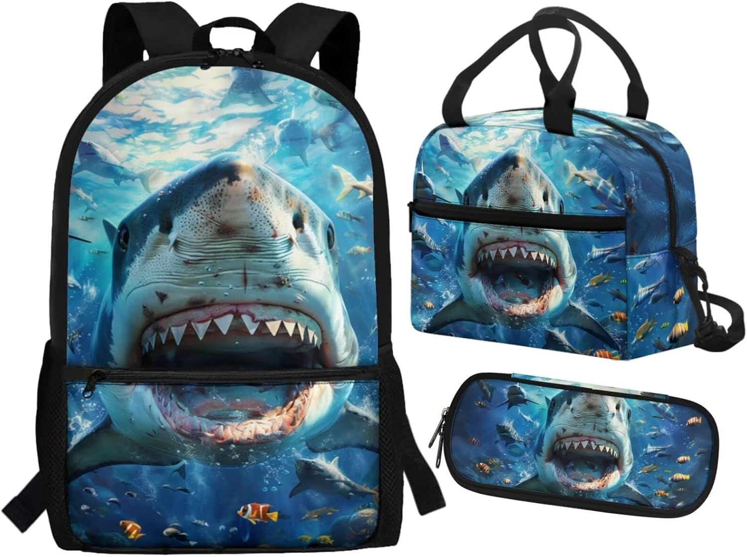 Ocean Shark School Bag Backpack for Elementary Boys with Lunch Box Pencil Case Middle High School Bookbag Set 3 PCS Primary Kindergartner School Daycare Bag Back Packs for Teens