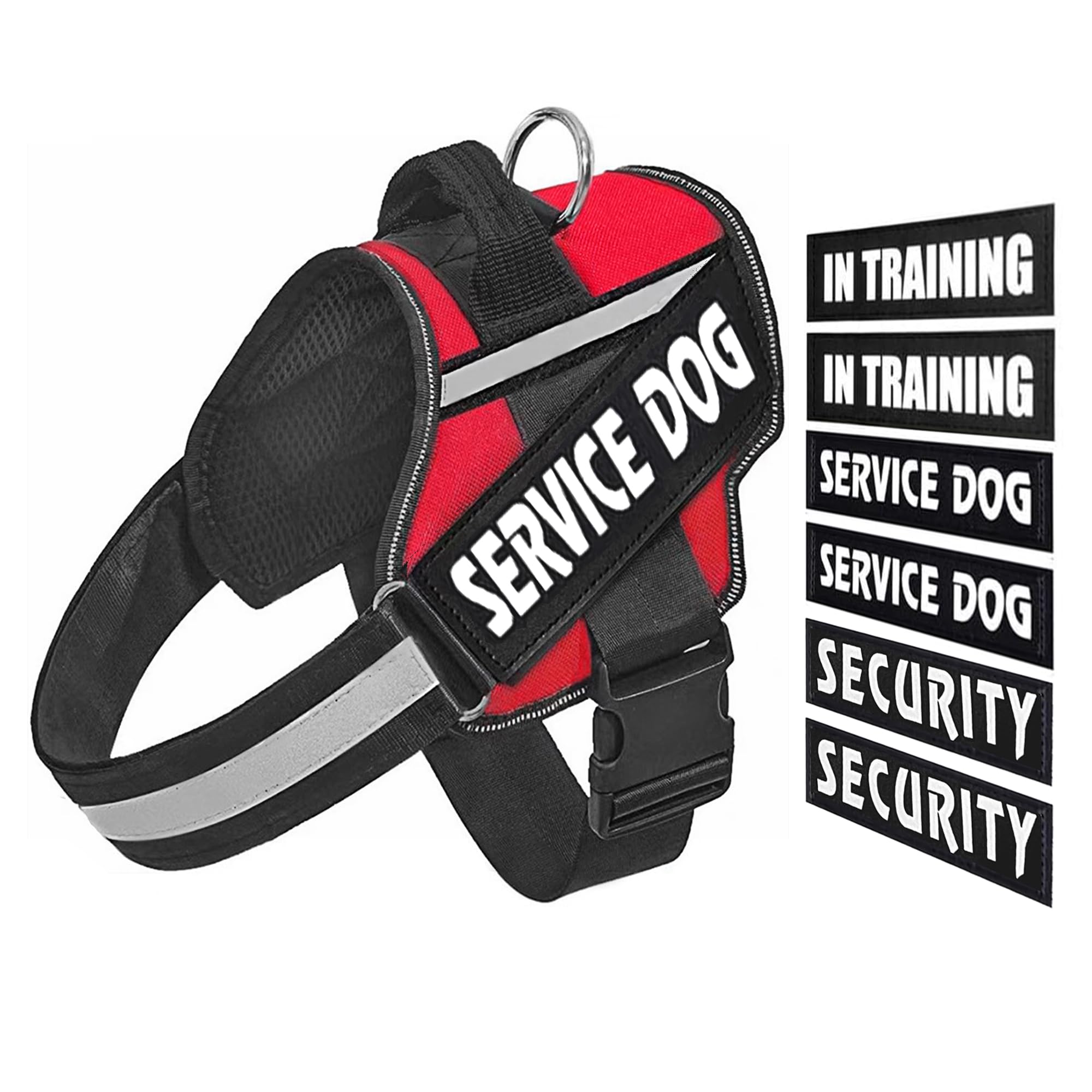 Service Dog Training Vest Harness, Black Nylon, Adjustable Size, No-Pull Design with Handle, Reflective, 6 Patches for Small Medium Large Dogs (Red,L)