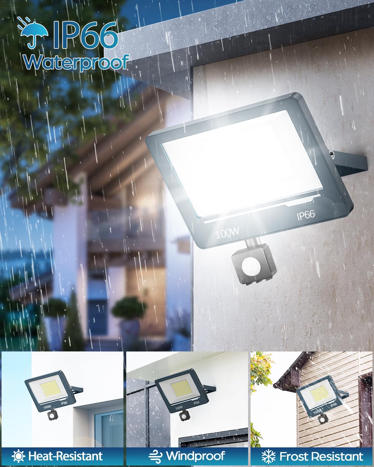 Foco LED con Sensor de Movimiento 100W, Foco Exterior con Sensor de Movimiento 10000LM Super Brillante, 6500K Blanco Frío, Impermeable IP66 para Jardín/Patio 2 Piezas