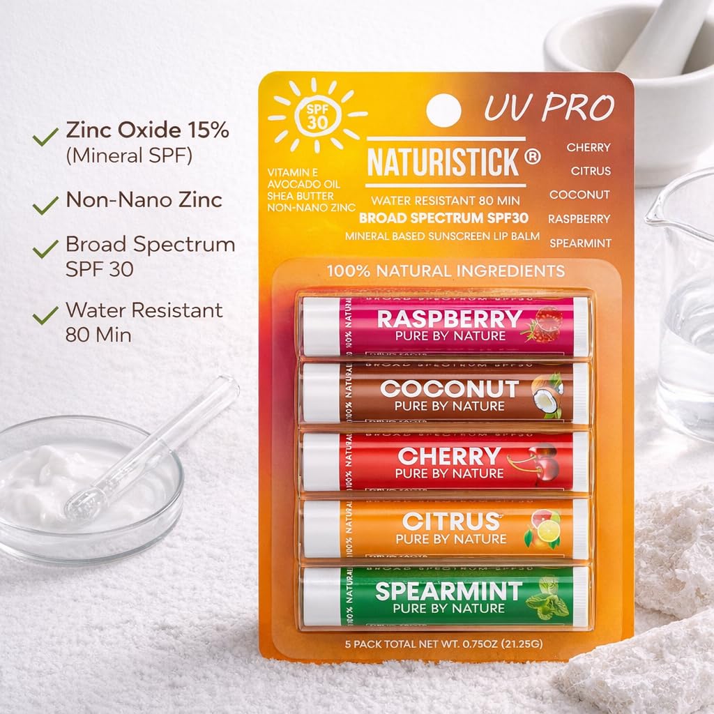 Naturistick UV Pro® Mineral SPF 30 Lip Balm – Assorted (30-Pack) | Broad Spectrum Lip Sunscreen, Water Resistant 80 Min, Zinc Oxide, Clean Ingredients